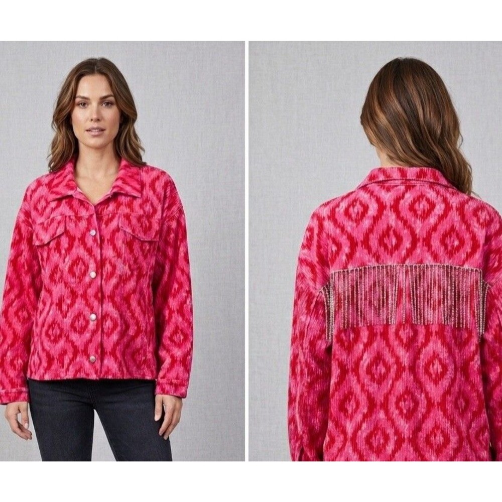 Savanna Jane 2X Pink Ikat Corduroy Shacket Rhinestone Fringe Western Boho NWT